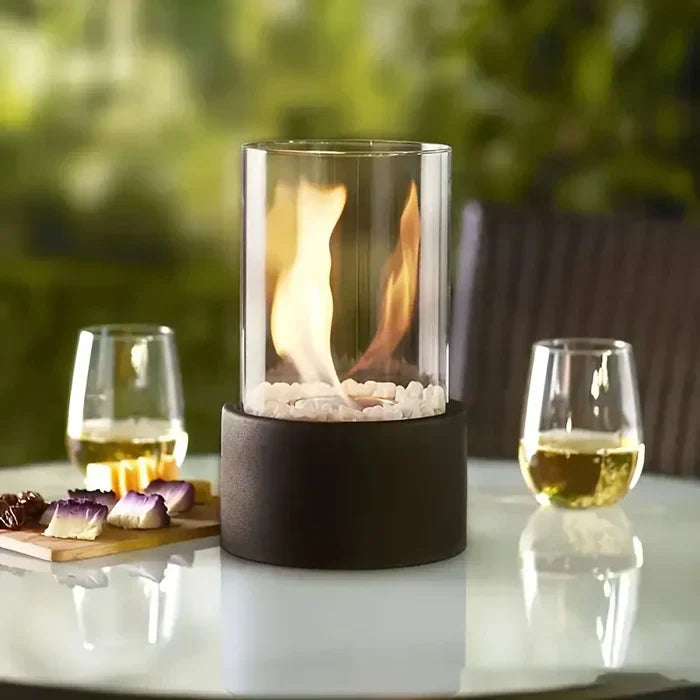GlowLuxe portable tabletop fire pit lantern, delivering warm ambiance & modern decor.
