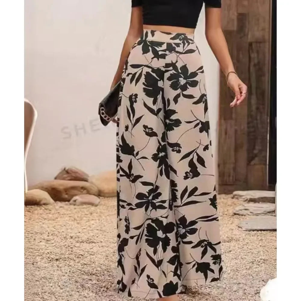 Comfortable women's wide-leg printed pants, versatile for casual wear or stylish bohemian outfits.