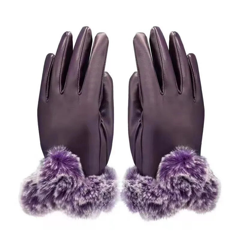 Close-up of women's warm PU leather gloves featuring soft faux fur trim, ideal for chilly winter days.