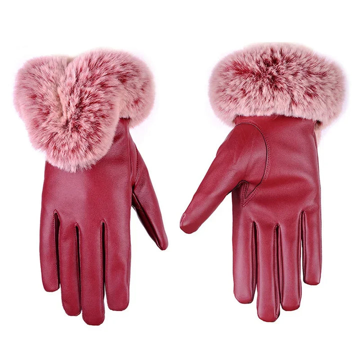 Women's practical faux leather touchscreen winter gloves, ensuring warmth and device interaction in cold weather.