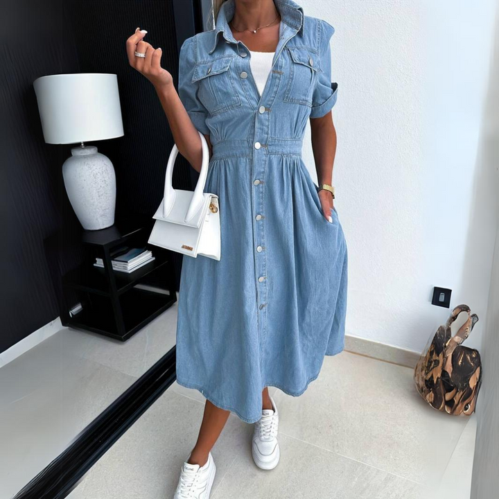 Effortless style: women's trendy short sleeve denim dress. Comfortable & chic for summer.