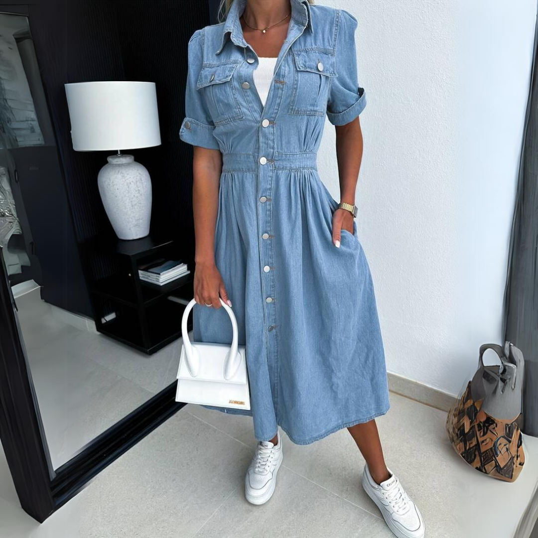 Women's trendy short sleeve denim dress, perfect for casual everyday style & summer fashion.
