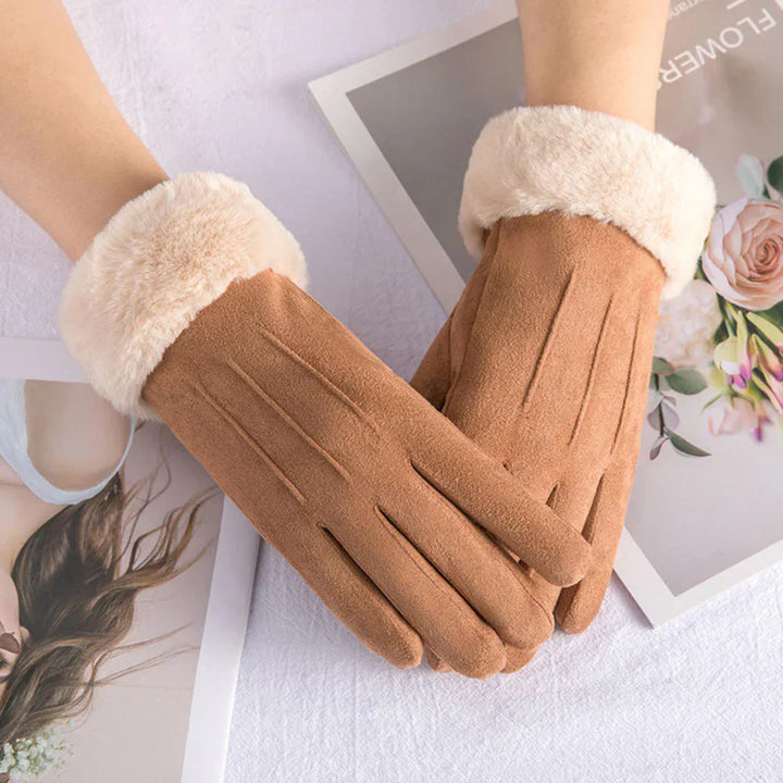 Women's warm suede winter gloves with touchscreen compatibility & soft faux fur lining for ultimate cold weather comfort.