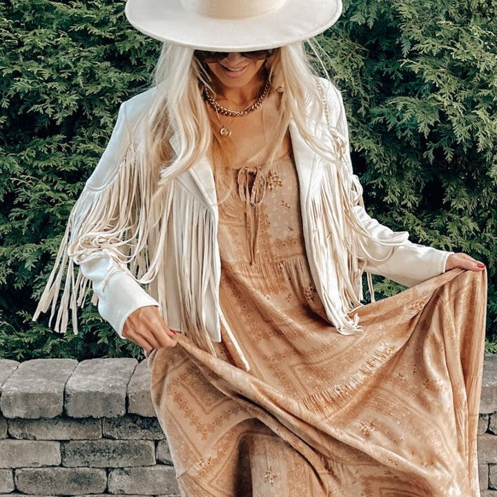 Isabella women's tassel jacket: trendy suede, boho chic. Perfect stylish outerwear for ladies.