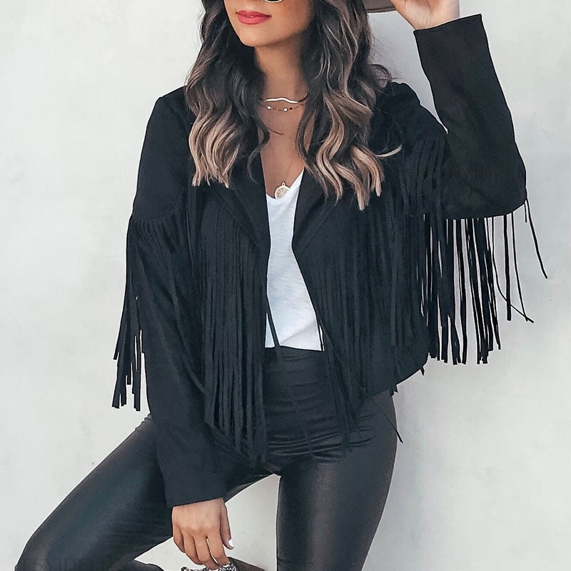 Trendy ladies fashion jacket: Isabella suede with decorative tassels. Perfect for spring/fall.