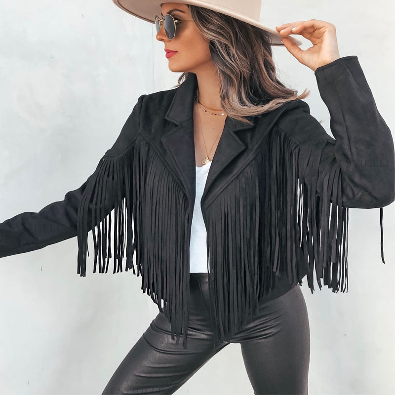 Stylish women's tassel jacket in boho chic suede. A versatile statement piece for any outfit.