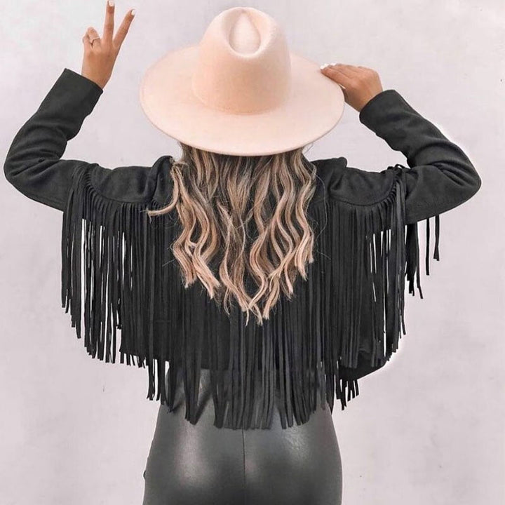 Casual women's suede jacket with chic tassels. Ideal trendy outerwear for ladies fashion.