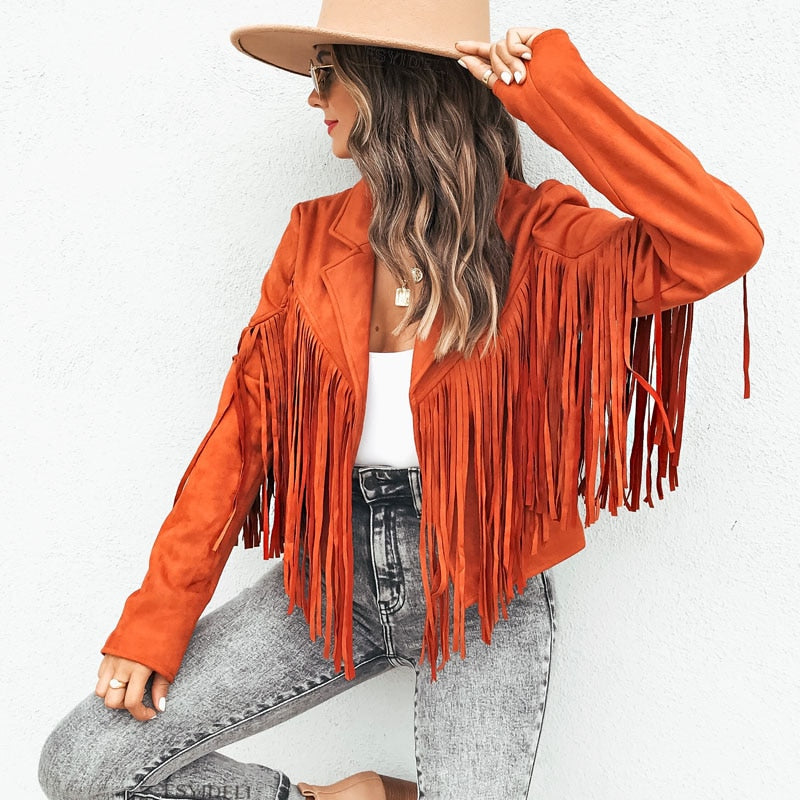 Fashionable women's tassel jacket, Isabella suede. Trendy outerwear, perfect boho statement piece.