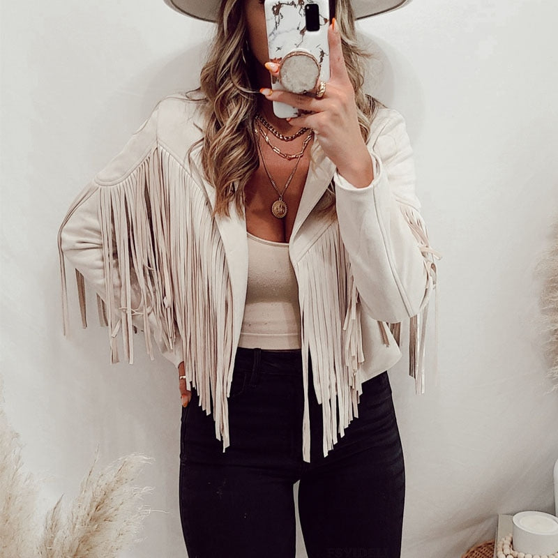 Stylish women's boho jacket with suede finish & long tassels. Versatile fashion statement.