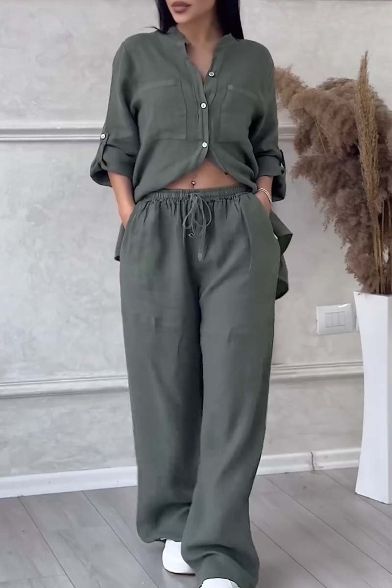 Chic women's linen blend two-piece set with a relaxed fit blouse and palazzo pants.