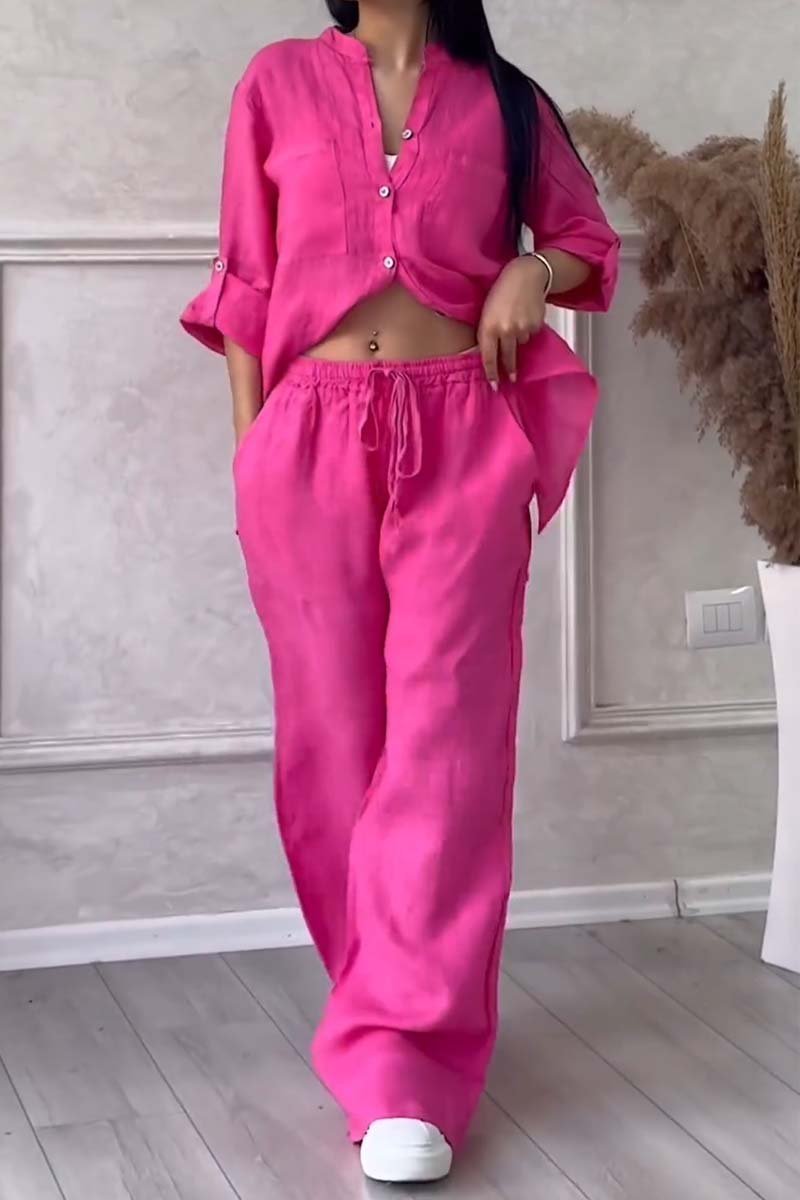 Trendy women's leisure set: breathable linen blouse and stylish wide-leg pants for travel.