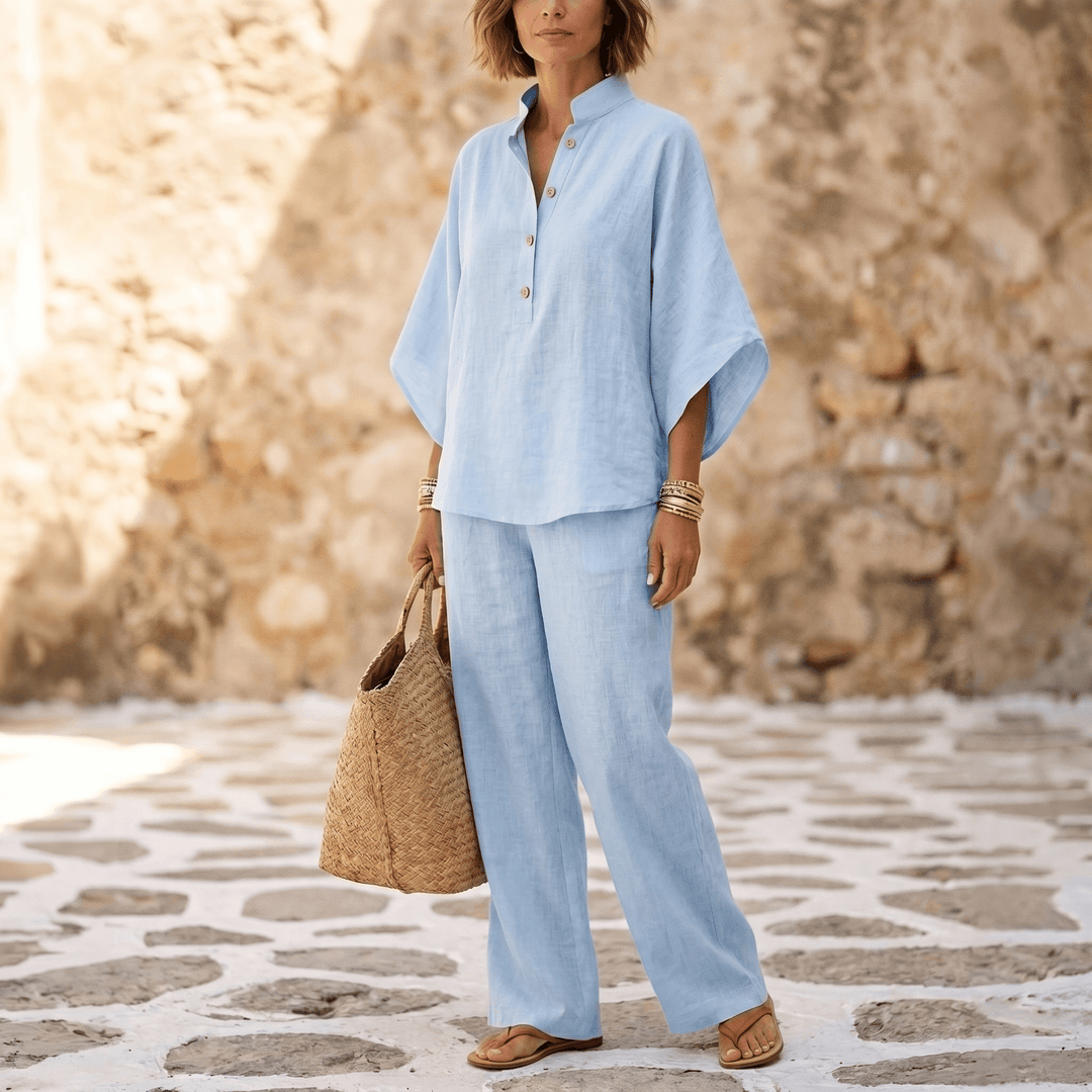 Women's effortless two-piece set featuring a tunic top and wide-leg pants.