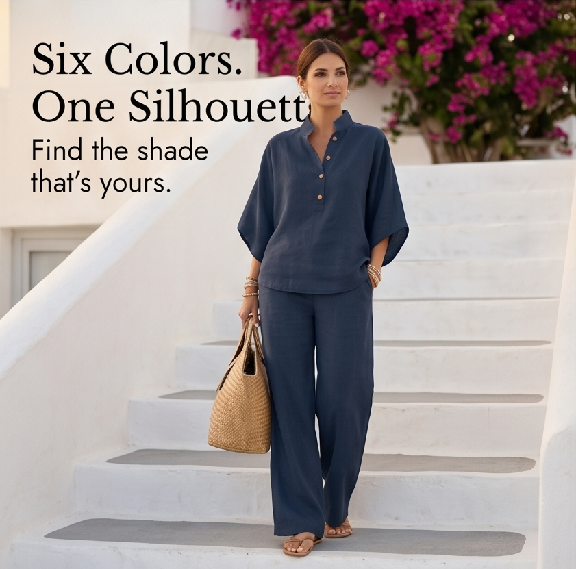 Side view of a woman in a comfy two-piece wide-leg pants set, perfect for lounging.