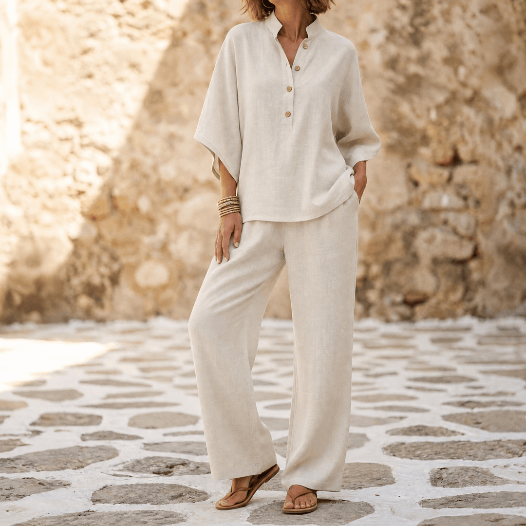 Women's coordinated casual set, great for warm weather, with wide-leg trousers & tunic.