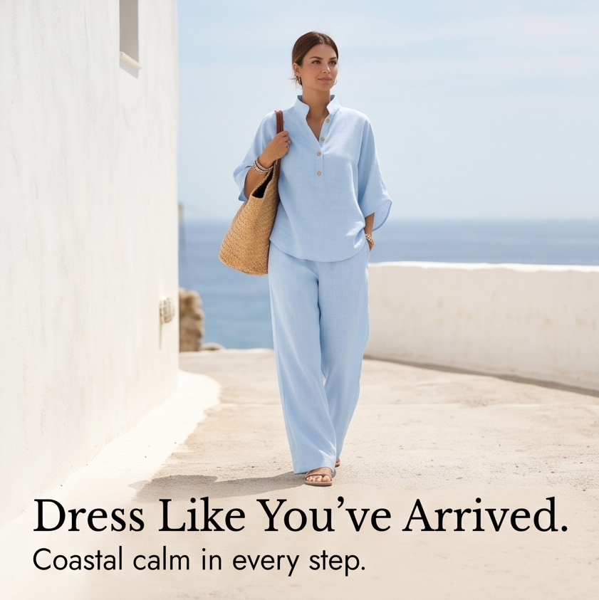 Front view of a women's effortless two-piece set, tunic top and wide-leg pants, for summer.