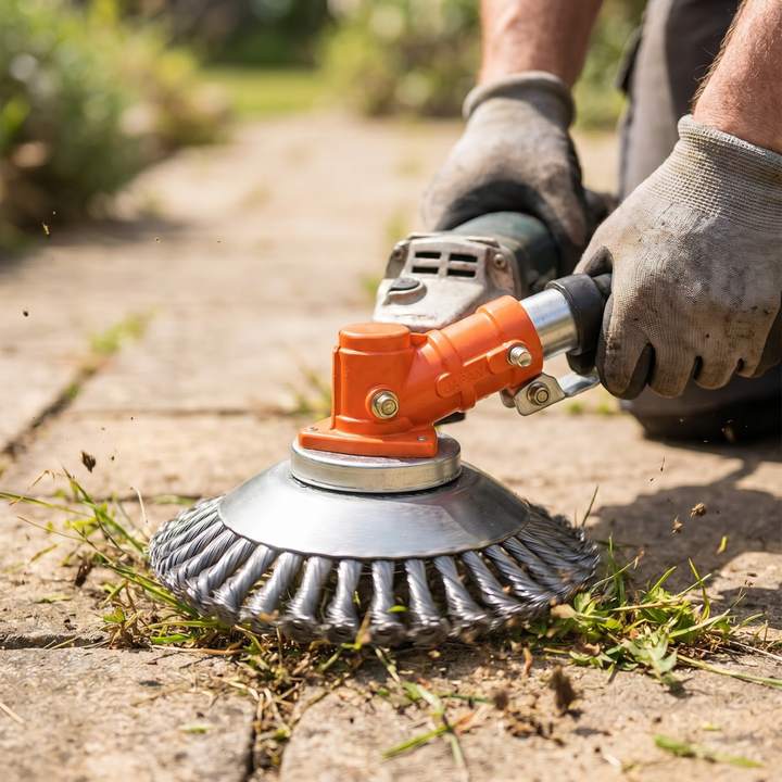 Heavy-duty carbon steel universal trimmer attachment for efficient weed & brush removal. Essential garden lawn care tool.