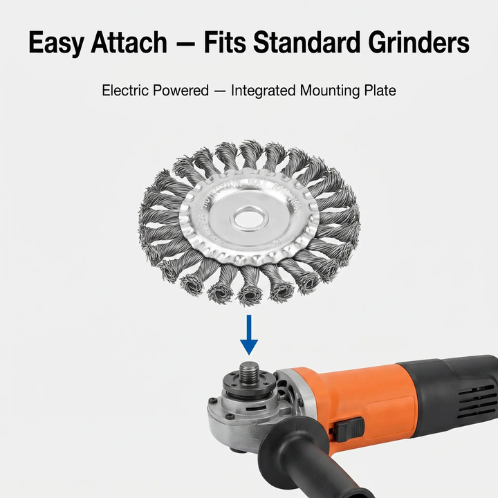 Close-up of universal heavy-duty carbon steel trimmer attachment, built for durable weed and brush cutting.