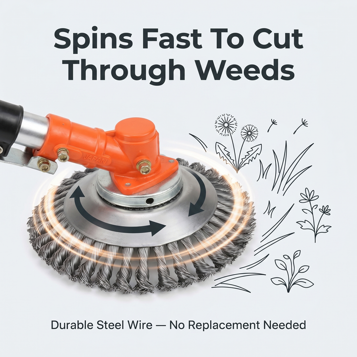 Trimmer with universal heavy-duty carbon steel attachment, ready for efficient weed removal & tough lawn care tasks.