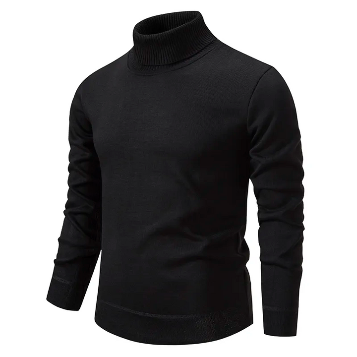 Close-up of the soft knit texture of a men's warm turtleneck sweater, emphasizing comfort and quality.