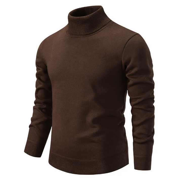 Men's beige turtleneck knit sweater, providing cozy warmth and a sophisticated silhouette for everyday style.