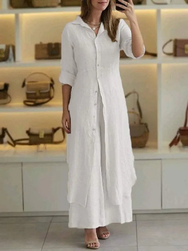 Loose-fit women's linen two-piece summer outfit. Comfortable and stylish matching set for a breezy, elegant look.