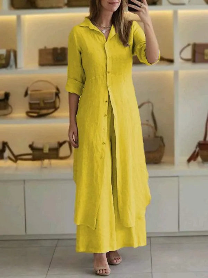 Comfortable women's linen two-piece set, ideal summer outfit. Stylish loose-fit matching set for relaxed wear.