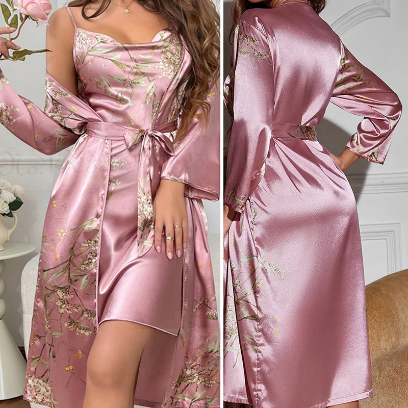 Luxurious women's satin floral two-piece nightdress & kimono set, perfect sleepwear.