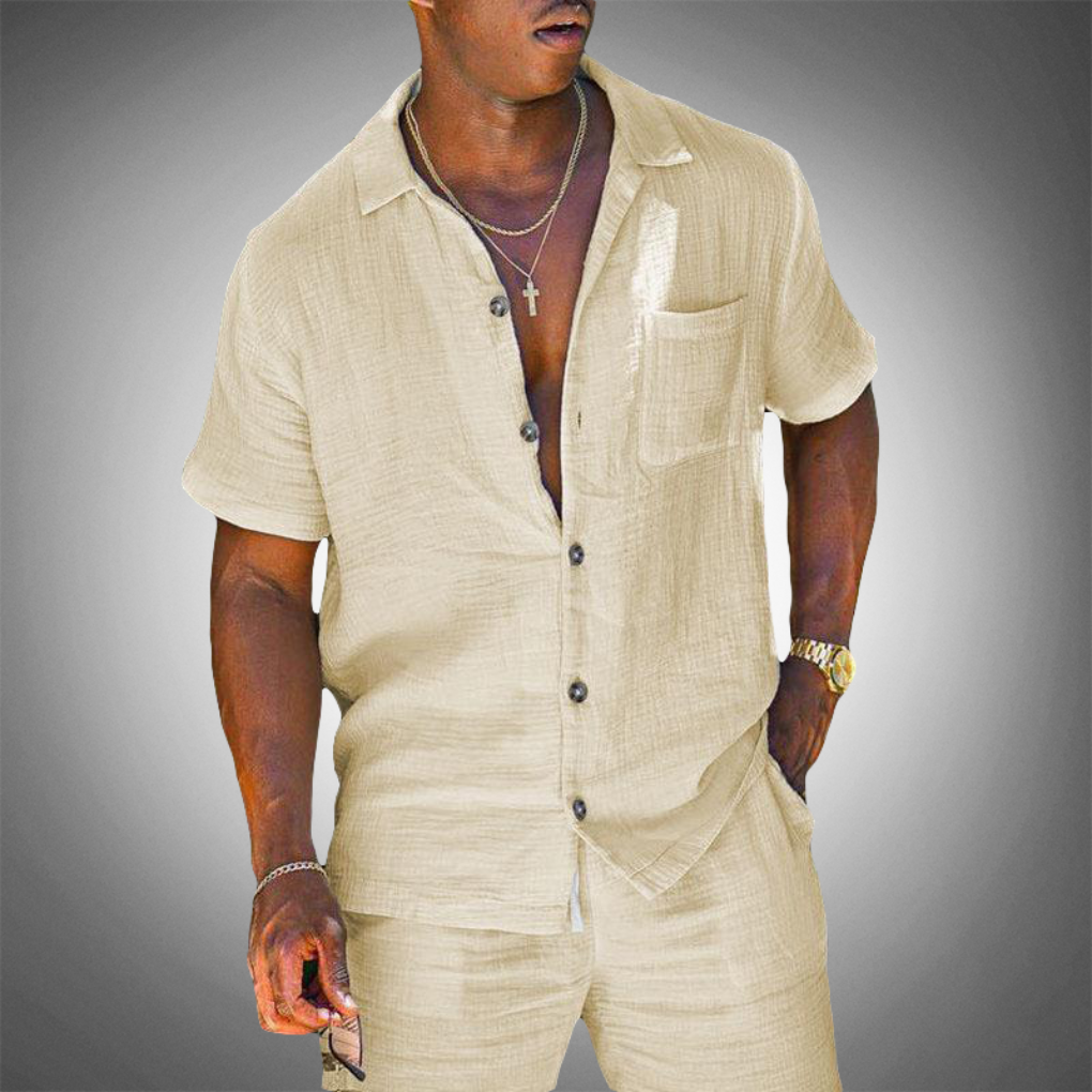 Men's beige two-piece casual outfit, stylish & comfortable. Perfect matching set for summer leisure wear fashion.