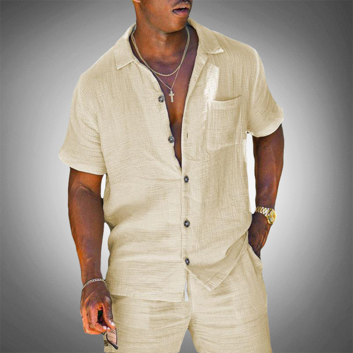 Men's beige two-piece casual outfit, stylish & comfortable. Perfect matching set for summer leisure wear fashion.