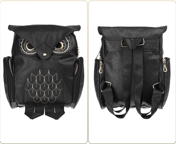 Elegant PU leather women's backpack with a playful owl print, multi-pocket for organization & preppy style.