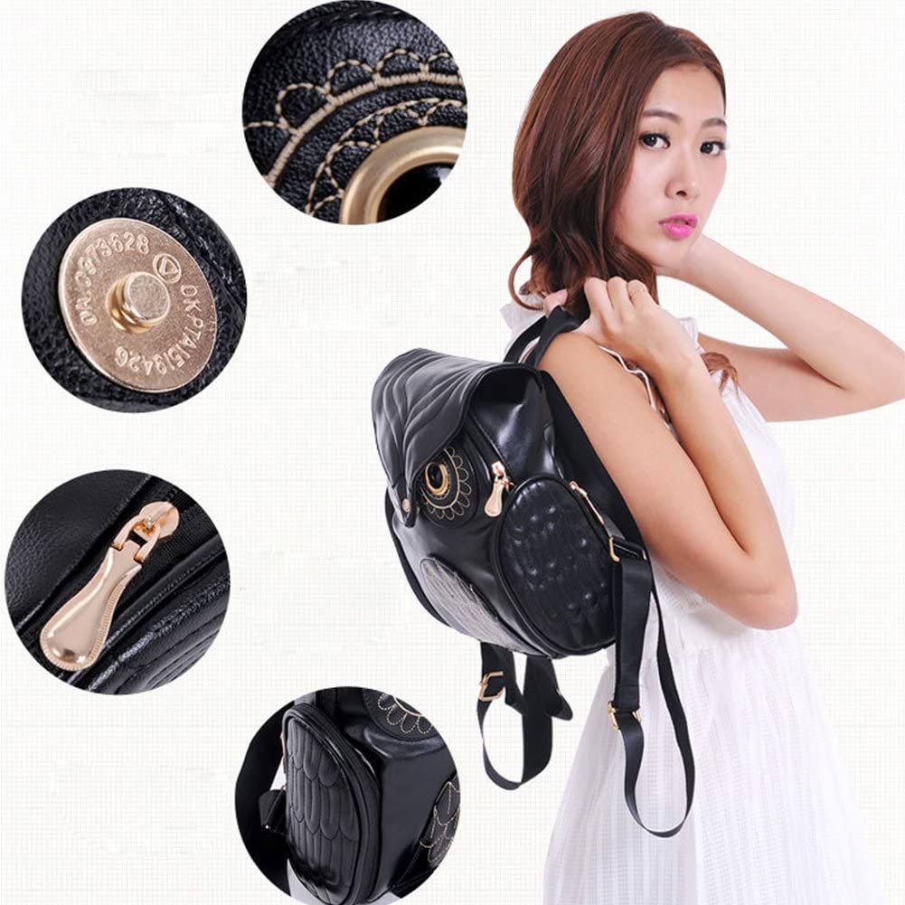 Casual multi-pocket PU leather owl print backpack, designed for women's school, travel, or everyday use.