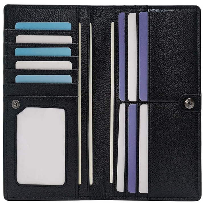 Unisex compact ultra-thin leather card holder with RFID blocking, perfect for front pocket.