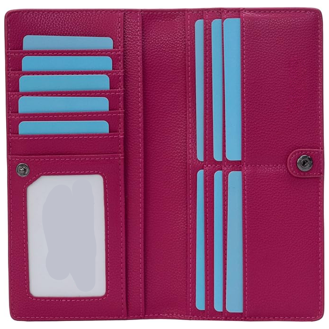 Premium ultra-slim bifold leather wallet, RFID blocking for enhanced security, card slots visible.