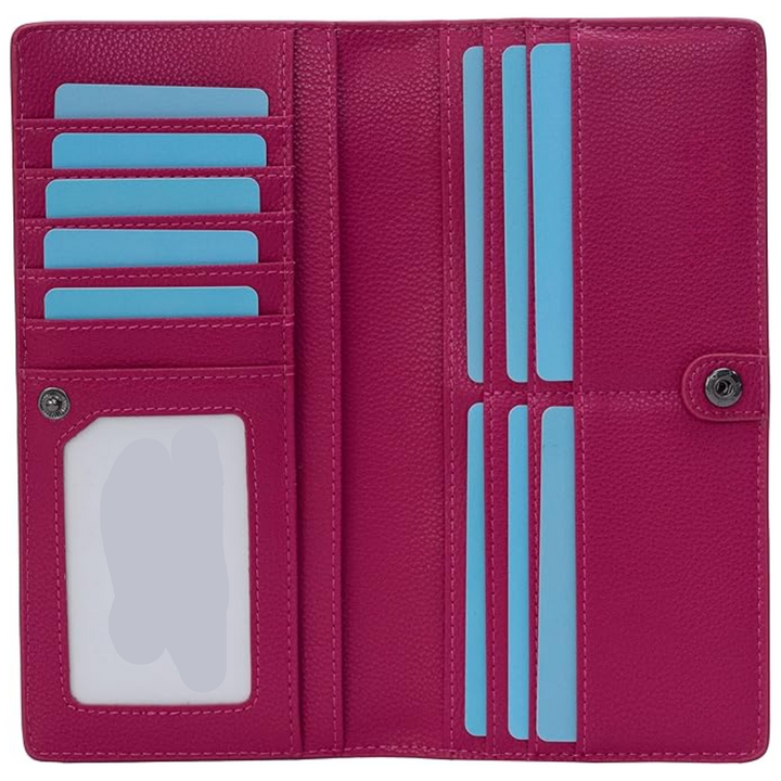 Premium ultra-slim bifold leather wallet, RFID blocking for enhanced security, card slots visible.