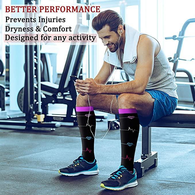 Athletic unisex compression socks (5 pairs) promoting muscle recovery & leg support for active individuals.
