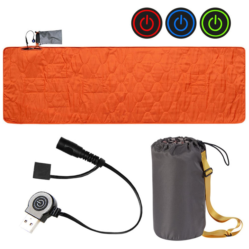 Heated camping sleeping pad, USB powered with adjustable warmth for cold weather outdoor adventures.