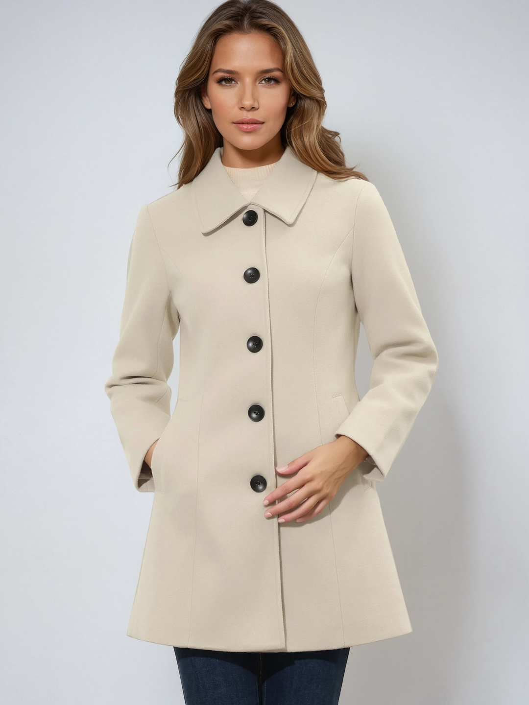 Women's chic single-breasted trench coat, tailored for winter, classic elegant autumn fashion.