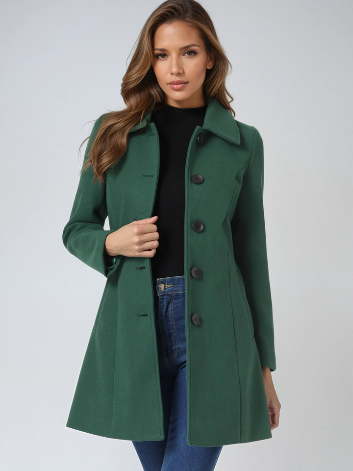 Elegant women's winter tailored trench coat, single-breasted, ideal for a refined city look.