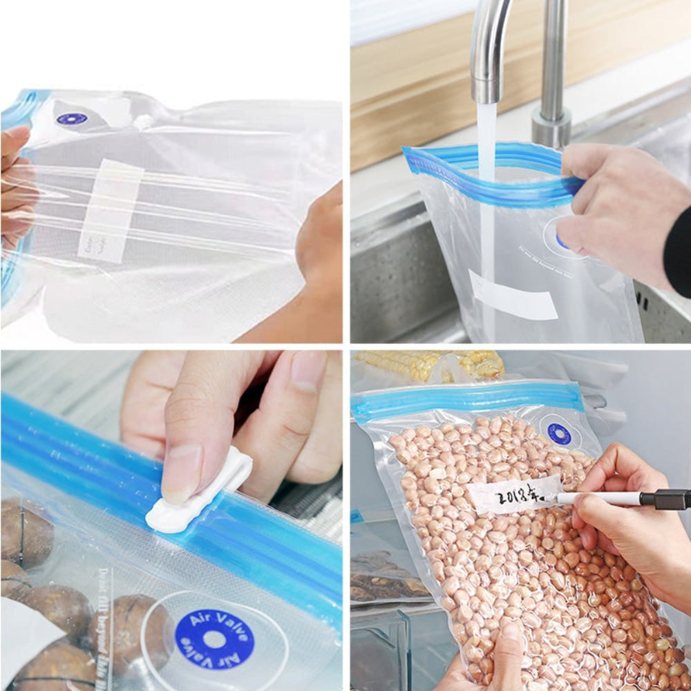 Eco-friendly reusable vacuum food storage bags, perfect for meal prep, keeping food fresh & reducing waste.