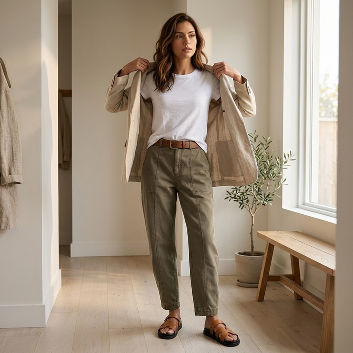 Comfortable khaki tapered utility pants for women, perfect for work wear or casual everyday style.
