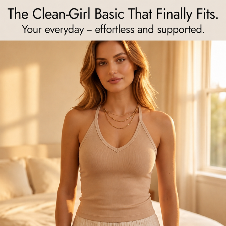 Essential women's ribbed halter tank top with built-in bra for ultimate comfort and support.