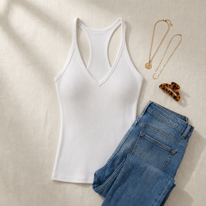 Model wearing a comfortable women's ribbed halter tank top in blue, showcasing the built-in bra.