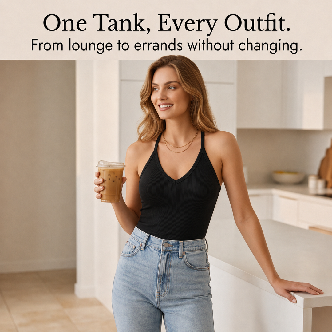 Side profile of a women's ribbed halter tank top, fitted and comfortable with a built-in bra.