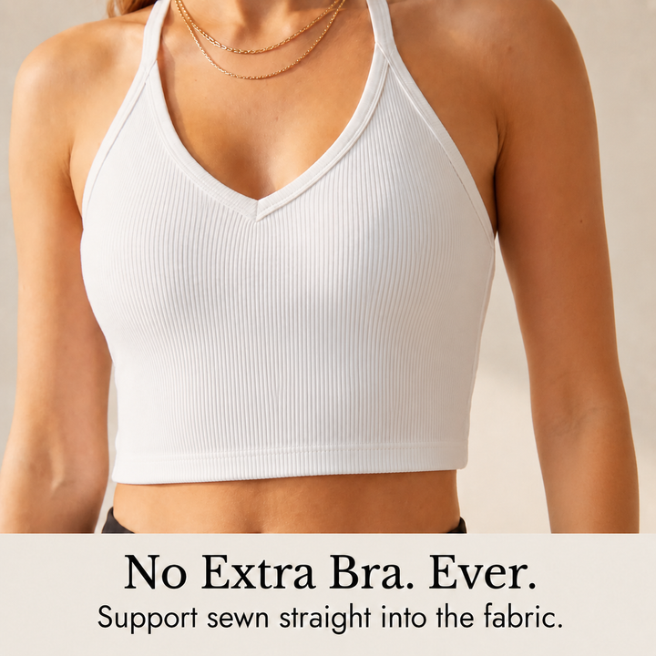 Women's halter neck tank top in soft ribbed knit. Everyday wear top with convenient built-in bra.