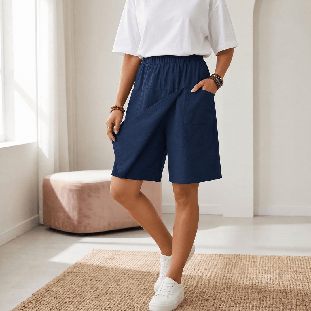 Valtine women's skort, wide leg knee shorts with wrap-front. Chic, comfortable, everyday style.