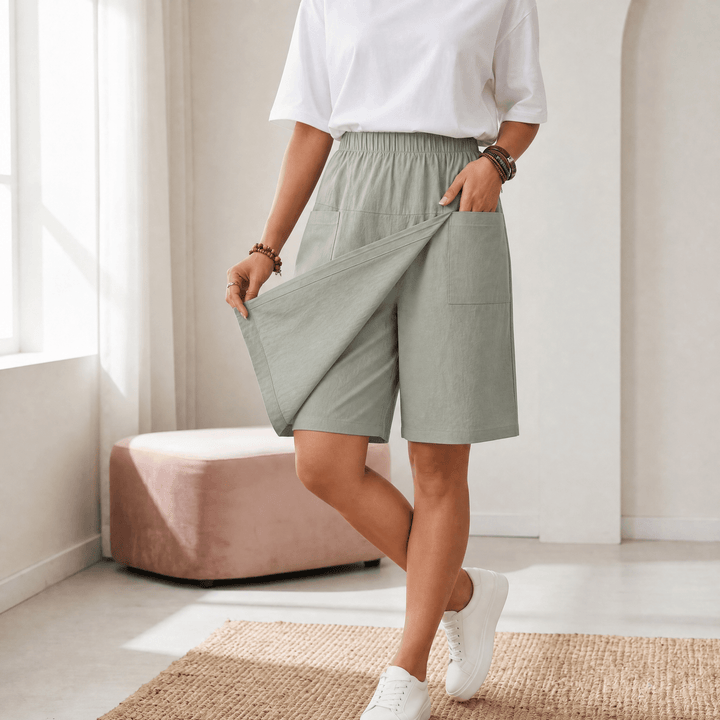 Valtine women's wrap-front skort, knee-length wide leg shorts. Comfortable for summer & everyday.