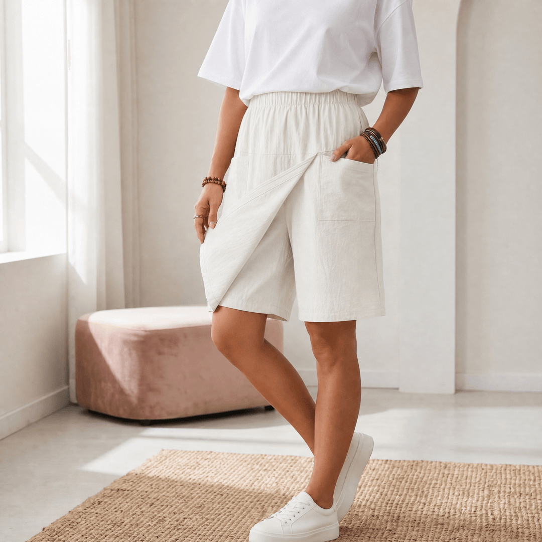Chic women's skort by Valtine. Wide leg knee shorts, wrap-front, versatile and comfortable.