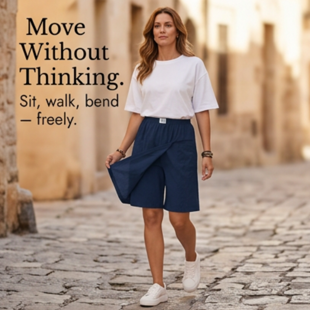 Summer-ready Valtine women's skort. Wrap-front, wide leg knee shorts. Chic, comfortable & casual.