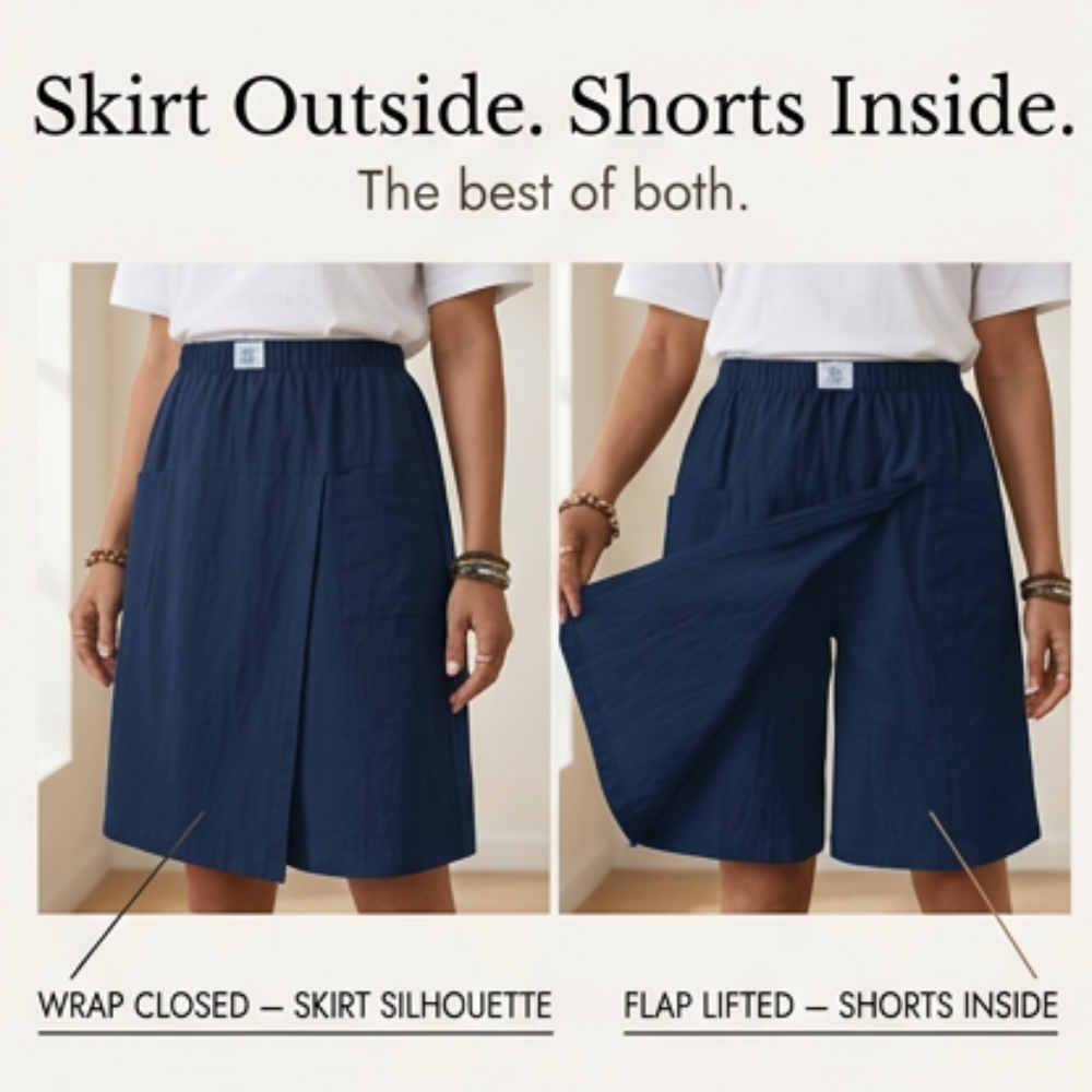 Women's knee-length skort, Valtine wrap-front design. Wide leg shorts, comfortable and versatile.