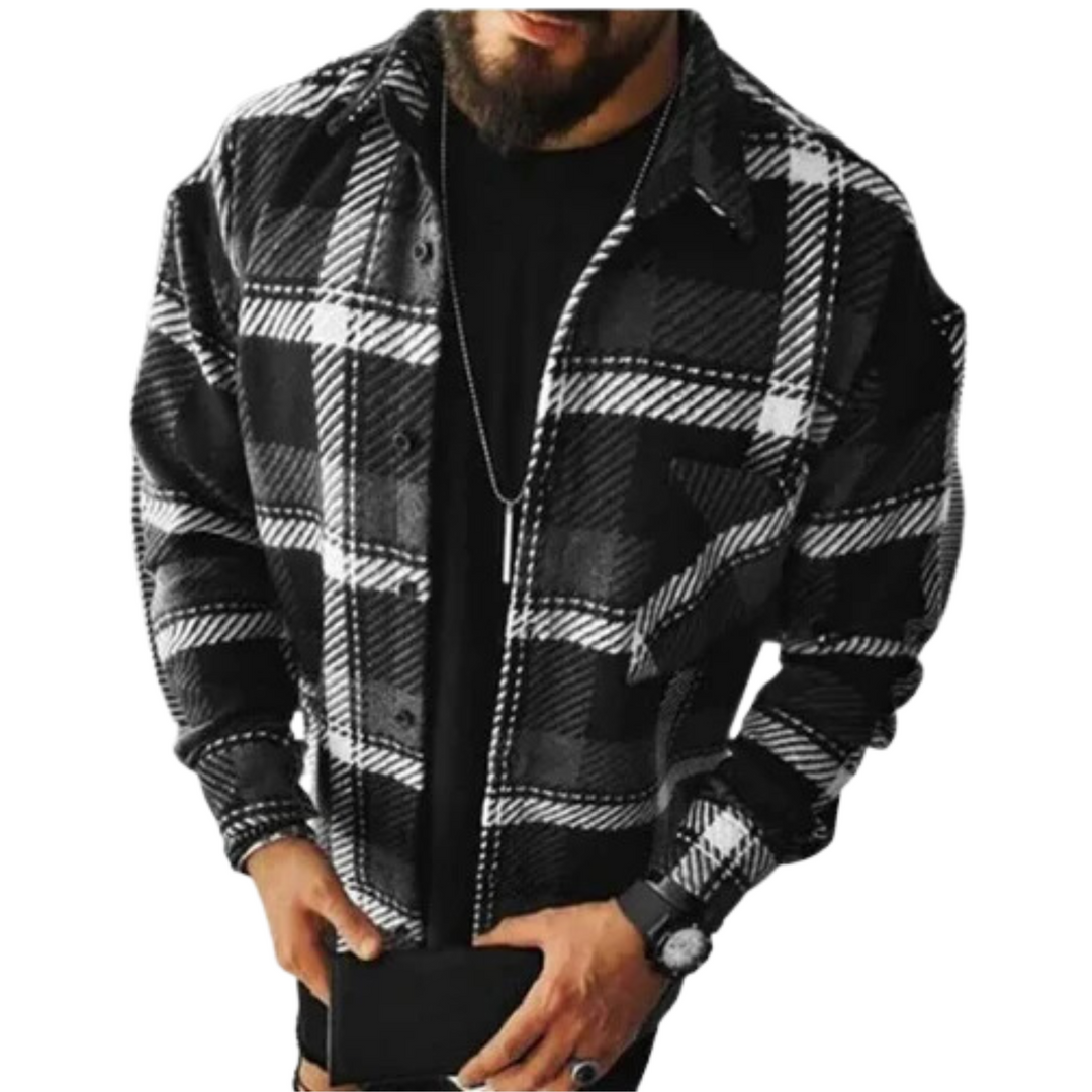 Classic men's plaid button-down shacket. Casual fall outerwear for a relaxed, stylish look.